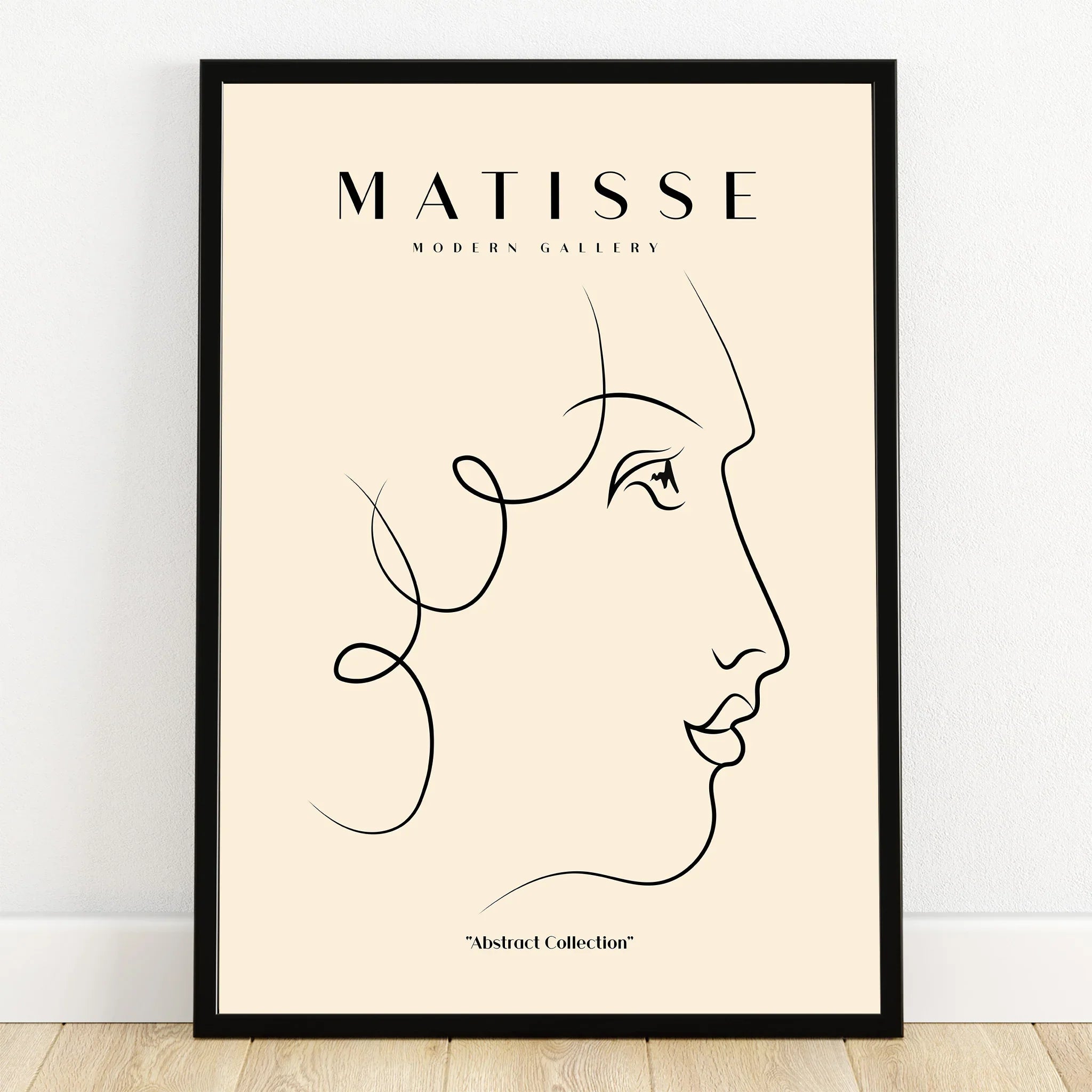 Minimalist line art face print in black frame, modern abstract wall art decor
