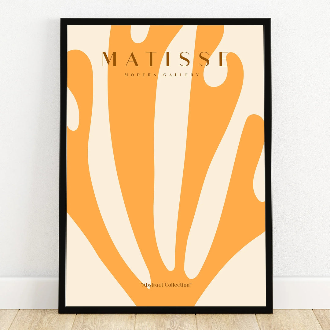 Abstract orange and cream Matisse-style wall art print in black frame, modern decor