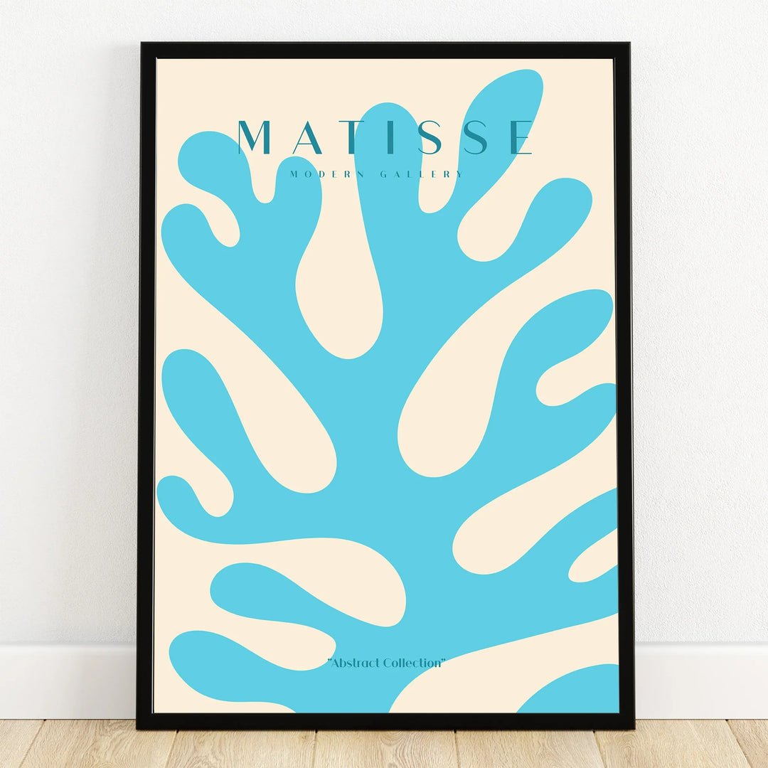 Framed abstract blue and cream art print inspired by Matisse, modern wall decor