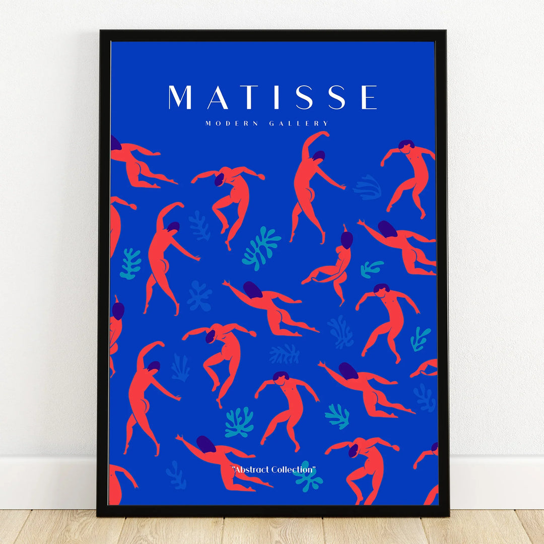 Abstract art print with red dancing figures on blue background in black frame