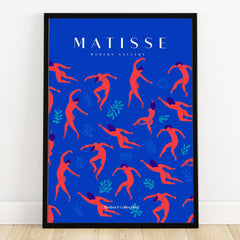 Abstract art print with red dancing figures on blue background in black frame