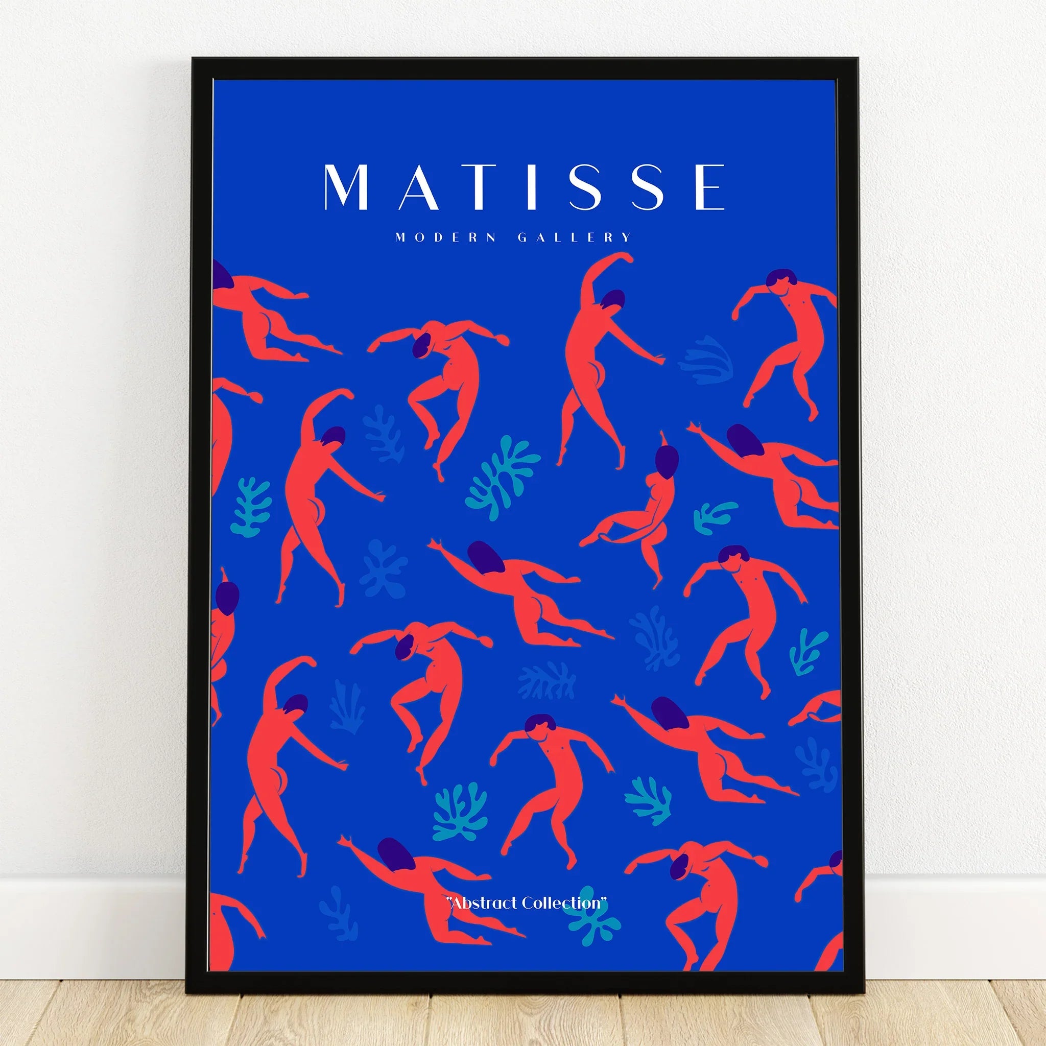 Abstract art print with red dancing figures on blue background in black frame