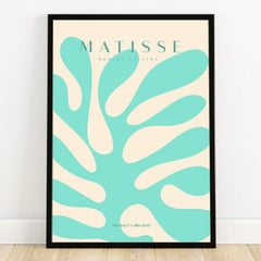 Framed Matisse-inspired abstract wall art print with teal and beige organic shapes.