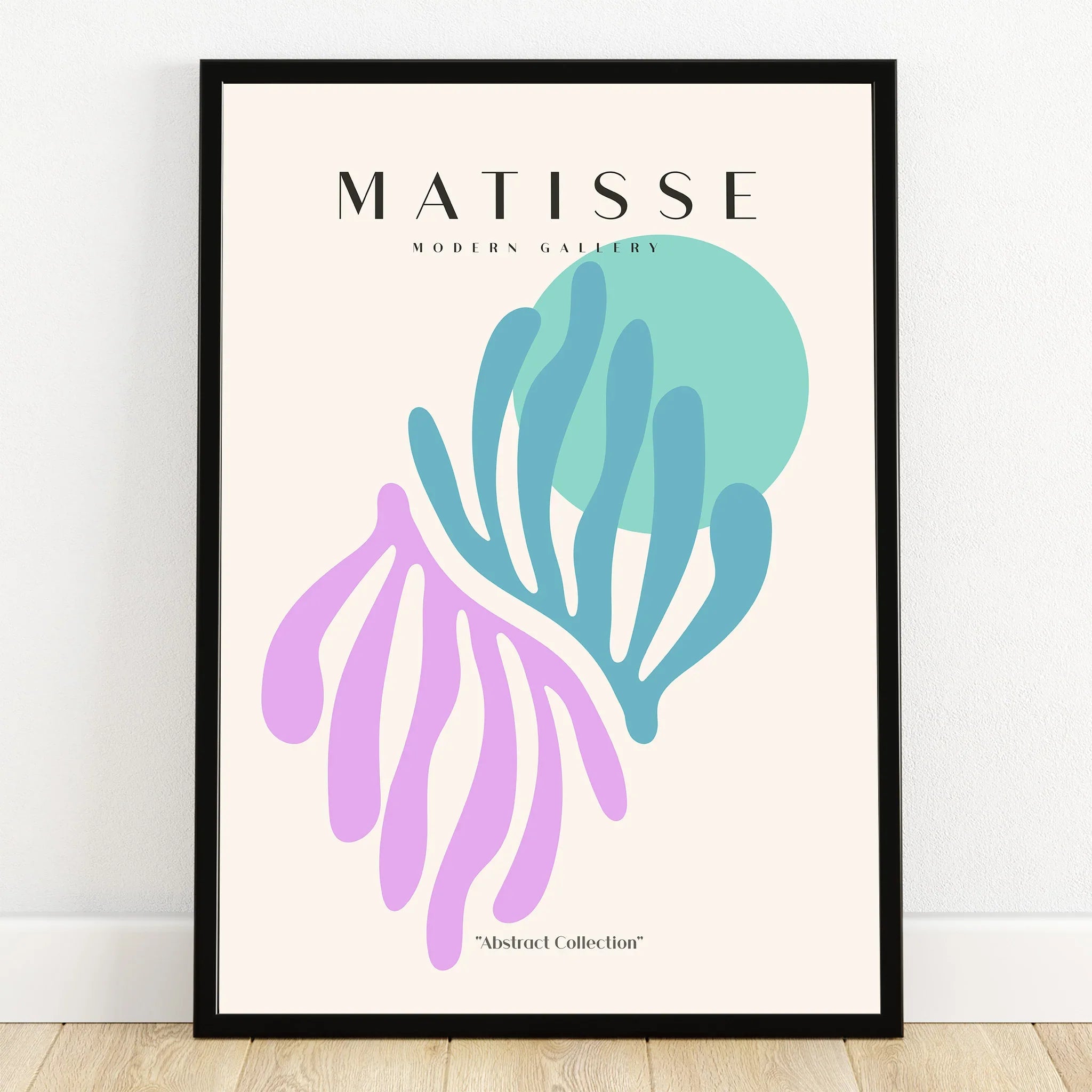 Framed abstract wall art poster with pastel organic shapes and bold colors, modern home decor