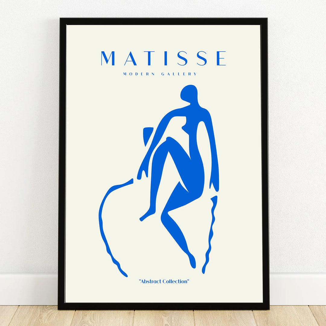 Abstract blue silhouette art print in black frame, modern wall decor poster