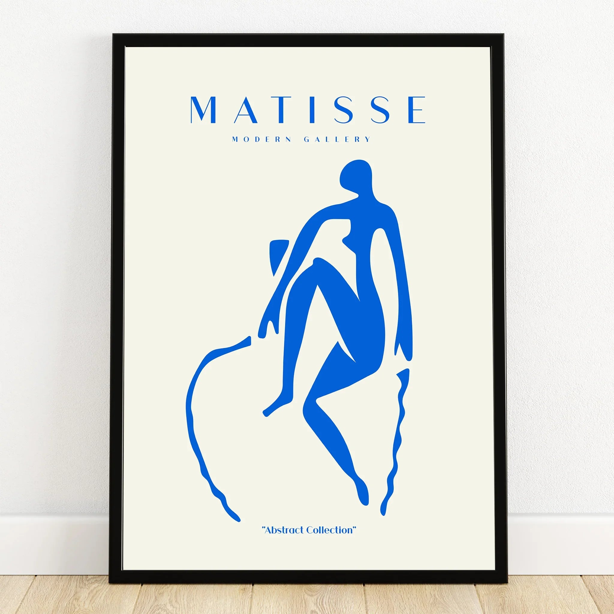 Abstract blue silhouette art print in black frame, modern wall decor poster