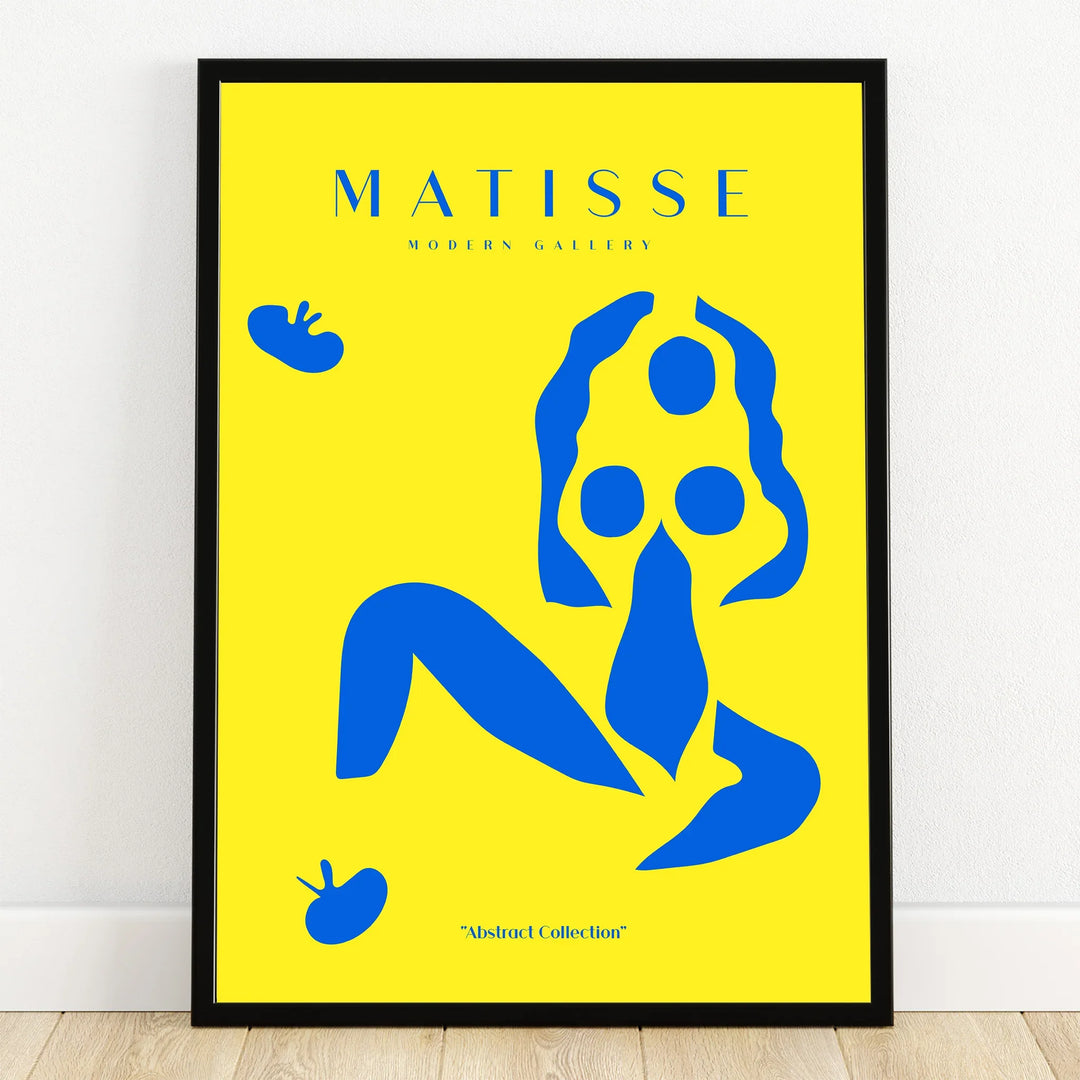 Abstract blue figure art print on yellow background in black frame, modern wall decor