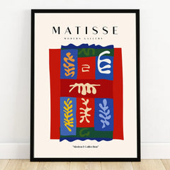 Colorful abstract art print inspired by Matisse, framed and leaning against a wall