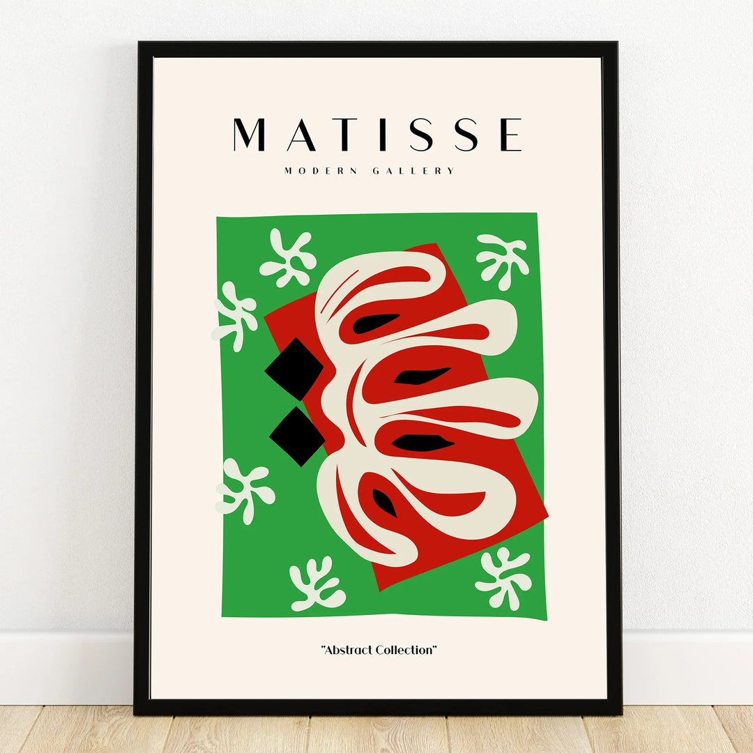 Abstract Matisse-inspired art print with bold green, red, cream, and black shapes in black frame