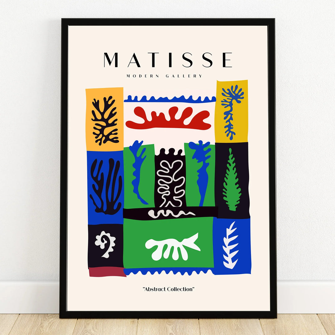 Framed abstract wall art print inspired by Matisse with colorful organic shapes and bold colors