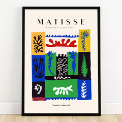 Framed abstract wall art print inspired by Matisse with colorful organic shapes and bold colors