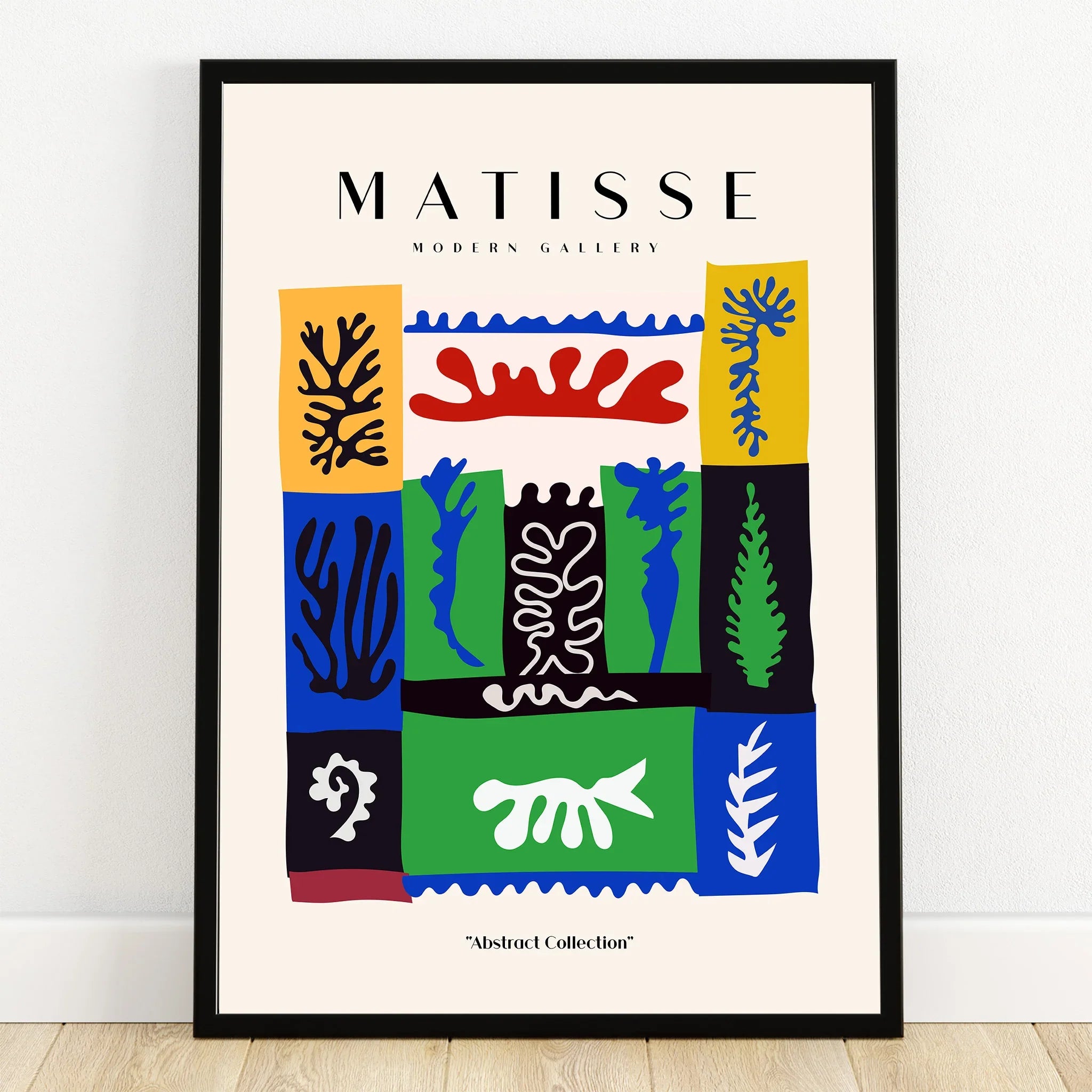 Framed abstract wall art print inspired by Matisse with colorful organic shapes and bold colors