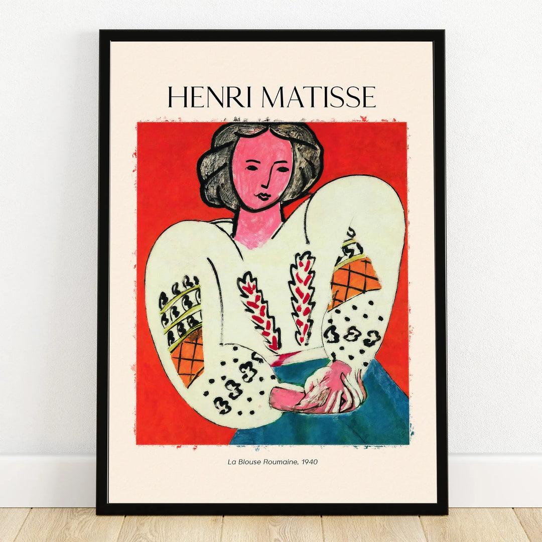 Henri Matisse art print of La Blouse Roumaine 1940 in black frame, colorful wall decor