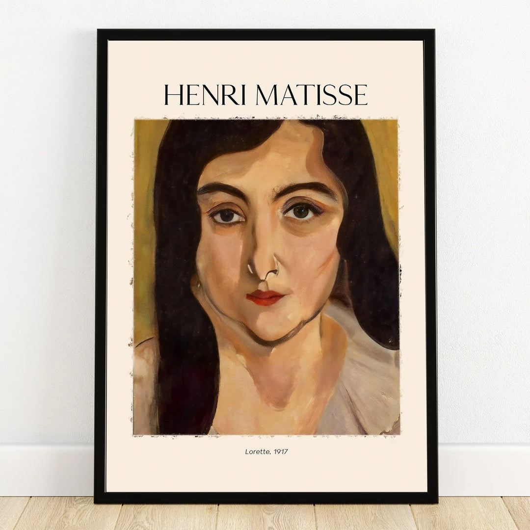 Framed Henri Matisse portrait print Lorette 1917, vintage wall art for home decor.
