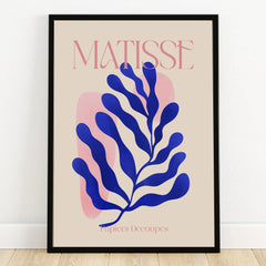 Modern wall art print with blue abstract leaf design, pink background, black frame