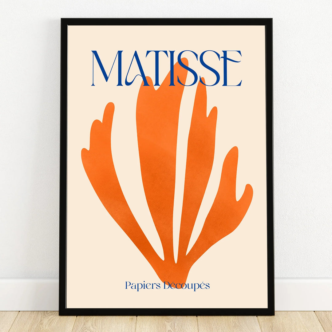Framed Matisse-style orange abstract leaf print with modern typography wall art