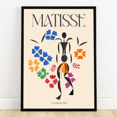 Matisse-inspired abstract art print with colorful floral shapes in a black frame, wall decor