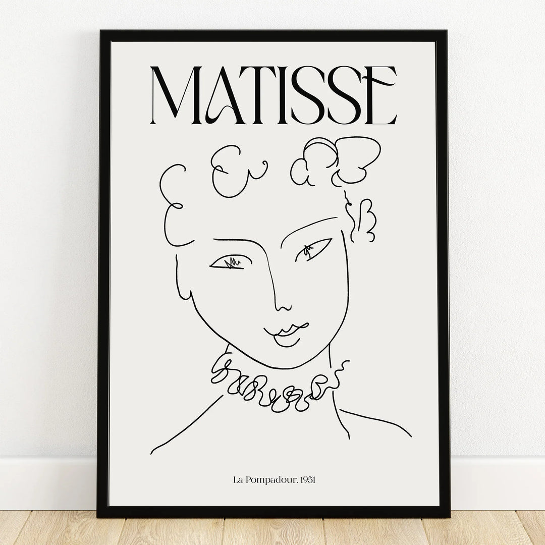 Framed Matisse line art print of a woman's face, minimalist wall art decor.