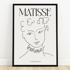 Framed Matisse line art print of a woman's face, minimalist wall art decor.
