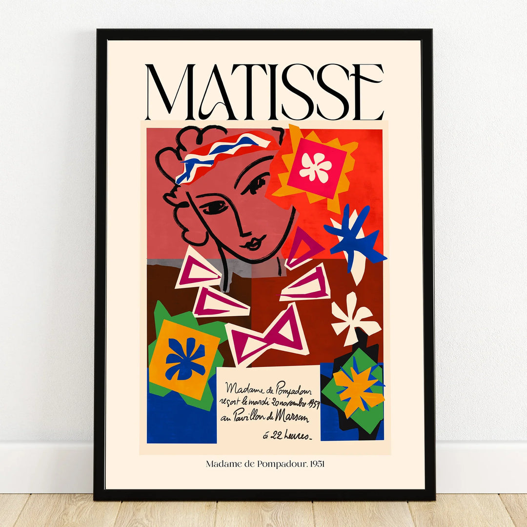 Framed Matisse art print with colorful abstract flowers and a stylized female portrait