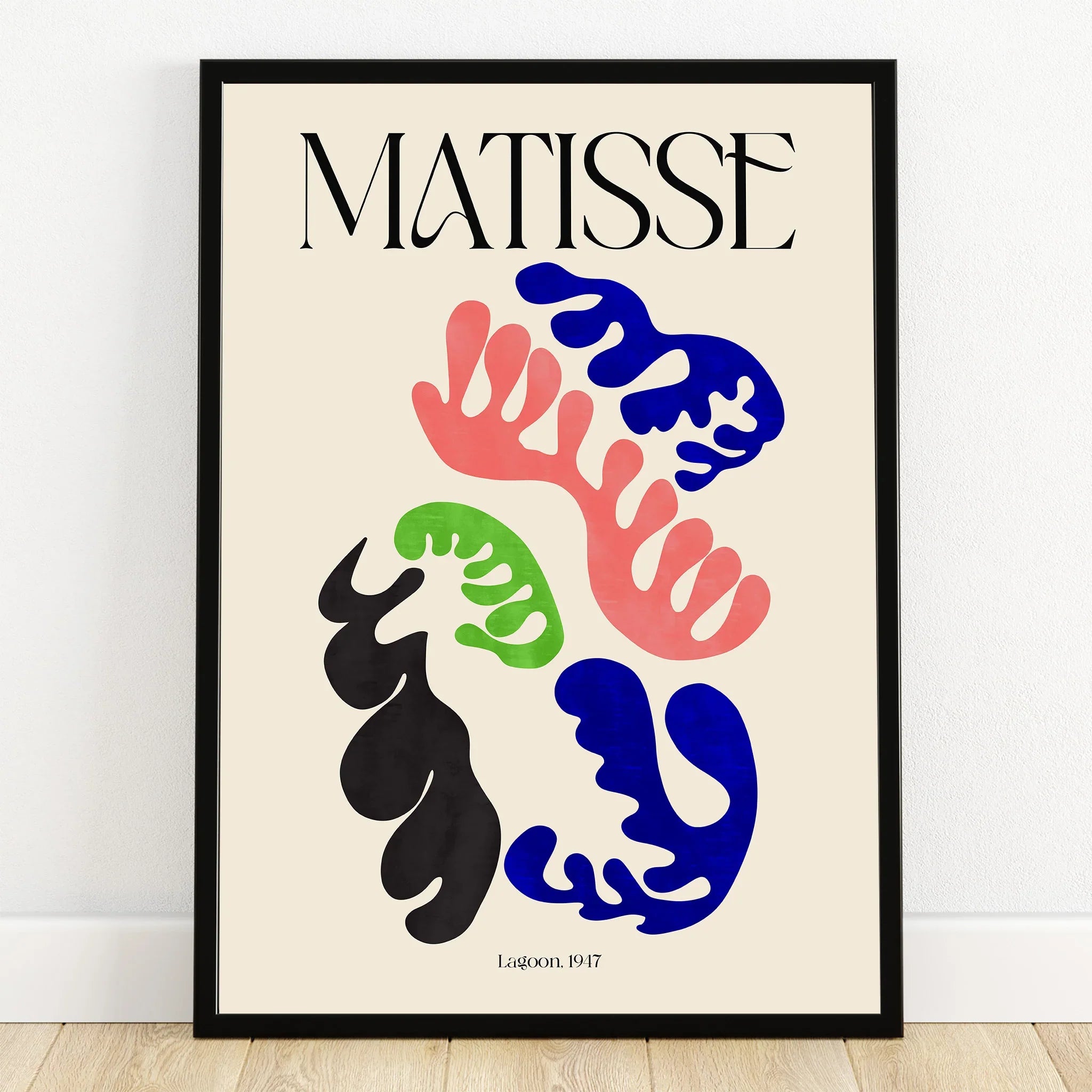 Framed Matisse art print with abstract colorful cutouts and modern wall decor design