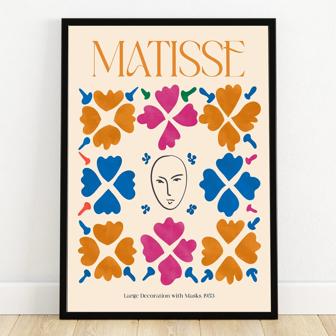 Framed Matisse-inspired wall art with bold floral shapes and abstract face illustration