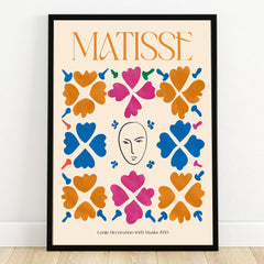 Framed Matisse-inspired wall art with bold floral shapes and abstract face illustration