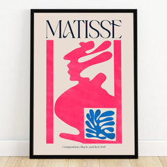 Modern art print of Matisse inspired abstract red and blue shapes in black frame