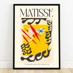 Framed Matisse art print with abstract yellow, red, black, and blue shapes, modern wall decor.