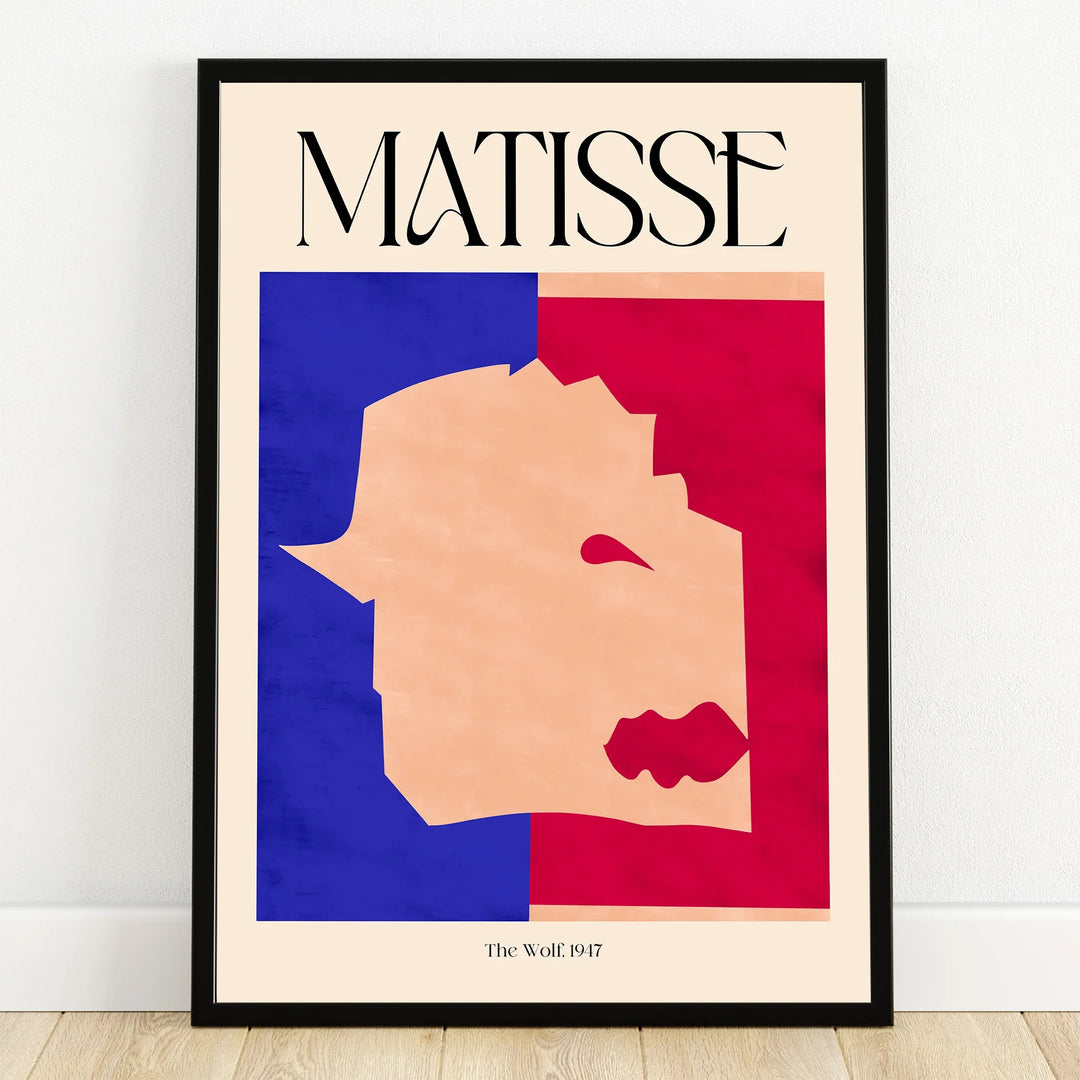 Framed abstract Matisse style wall art poster, blue and red color blocks, wolf silhouette