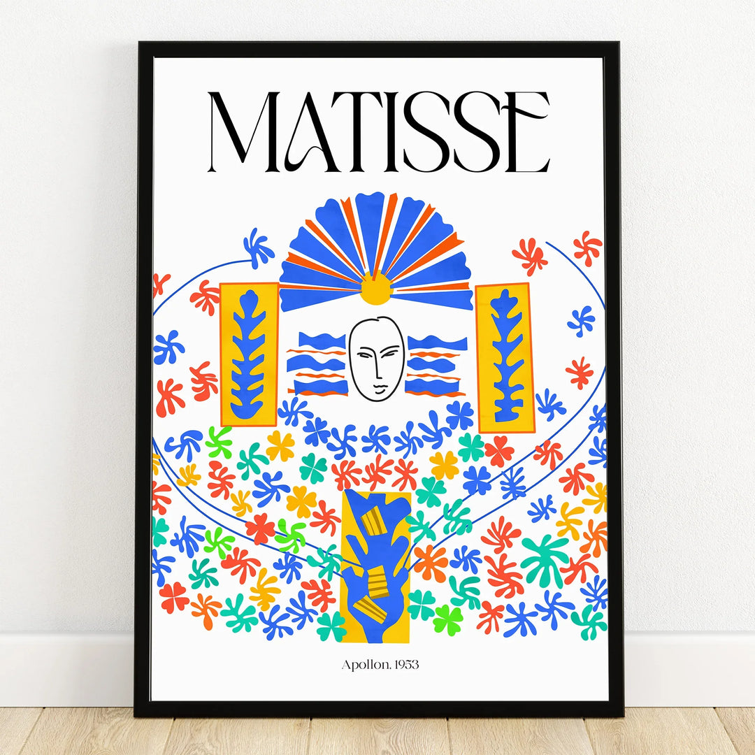 Colorful Matisse art print with abstract face, floral shapes, and bold blue, red, yellow accents