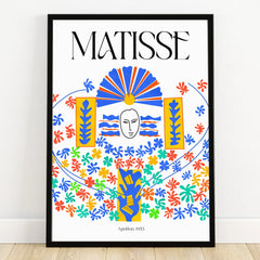 Colorful Matisse art print with abstract face, floral shapes, and bold blue, red, yellow accents