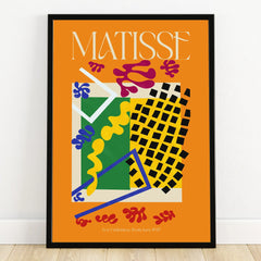 Colorful Matisse art print with abstract shapes in black frame, modern wall decor