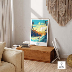 Maui Hawaii surf poster showcasing a surfer and tropical scenery, enhancing room decor with a vibrant island vibe.