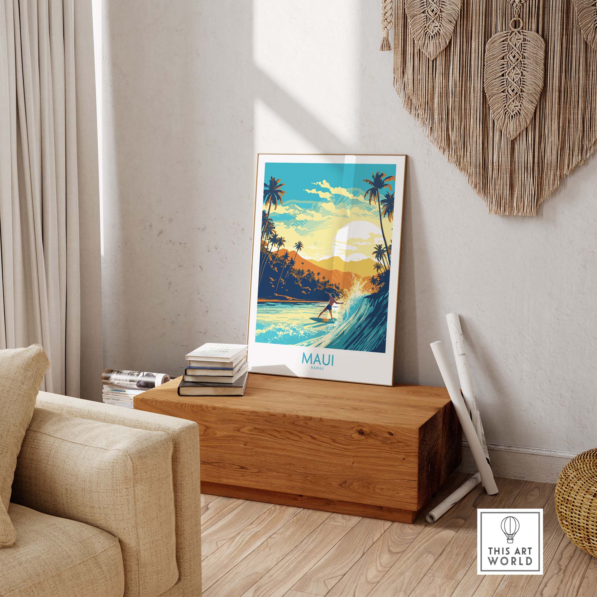 Maui Hawaii surf poster showcasing a surfer and tropical scenery, enhancing room decor with a vibrant island vibe.