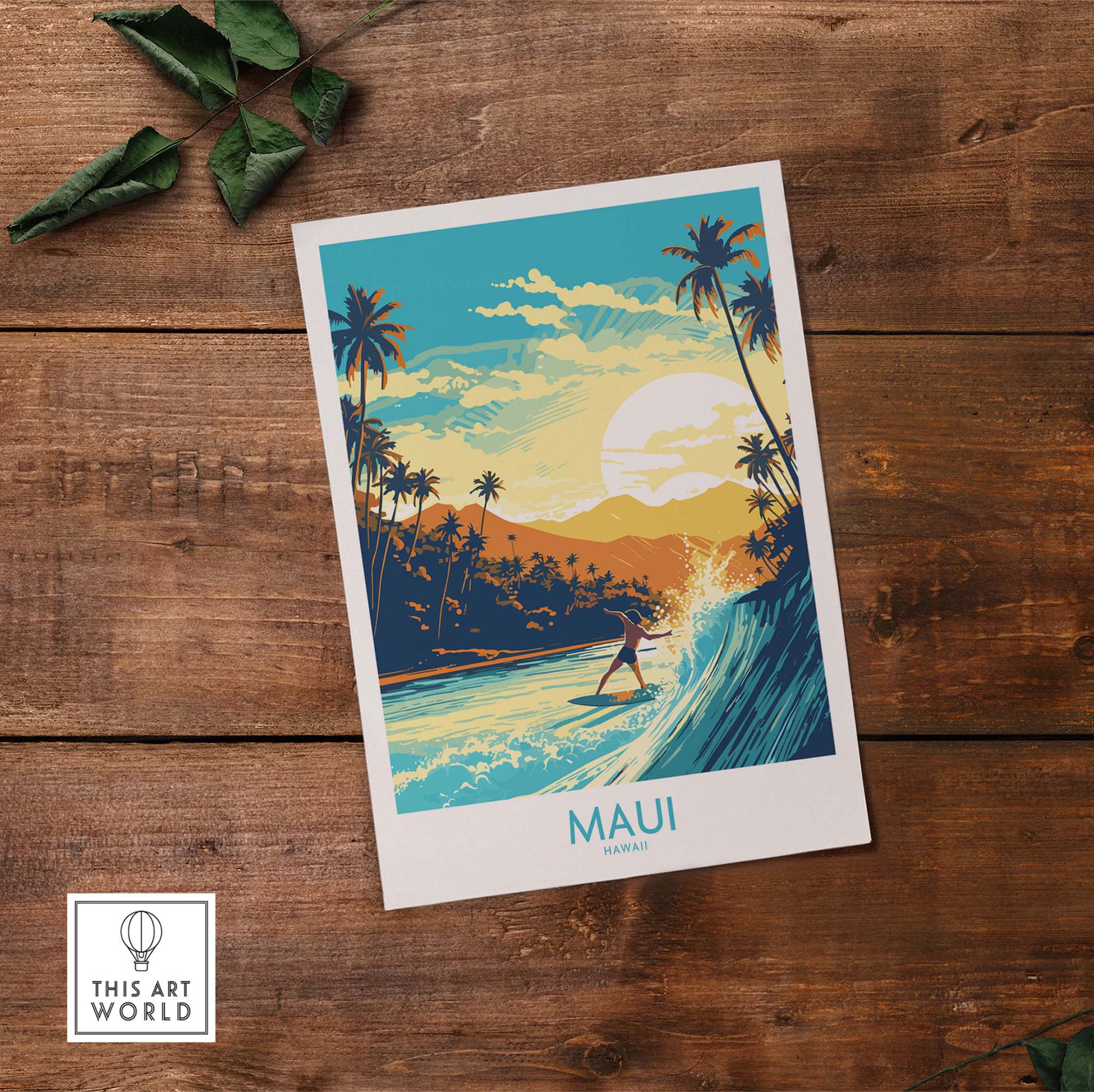Maui Hawaii surf poster featuring a surfer on a vibrant wave with tropical scenery, perfect for home decor.