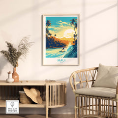 Maui Hawaii surf poster featuring a vibrant sunset, surfer, and tropical scenery, perfect for home decor inspiration.