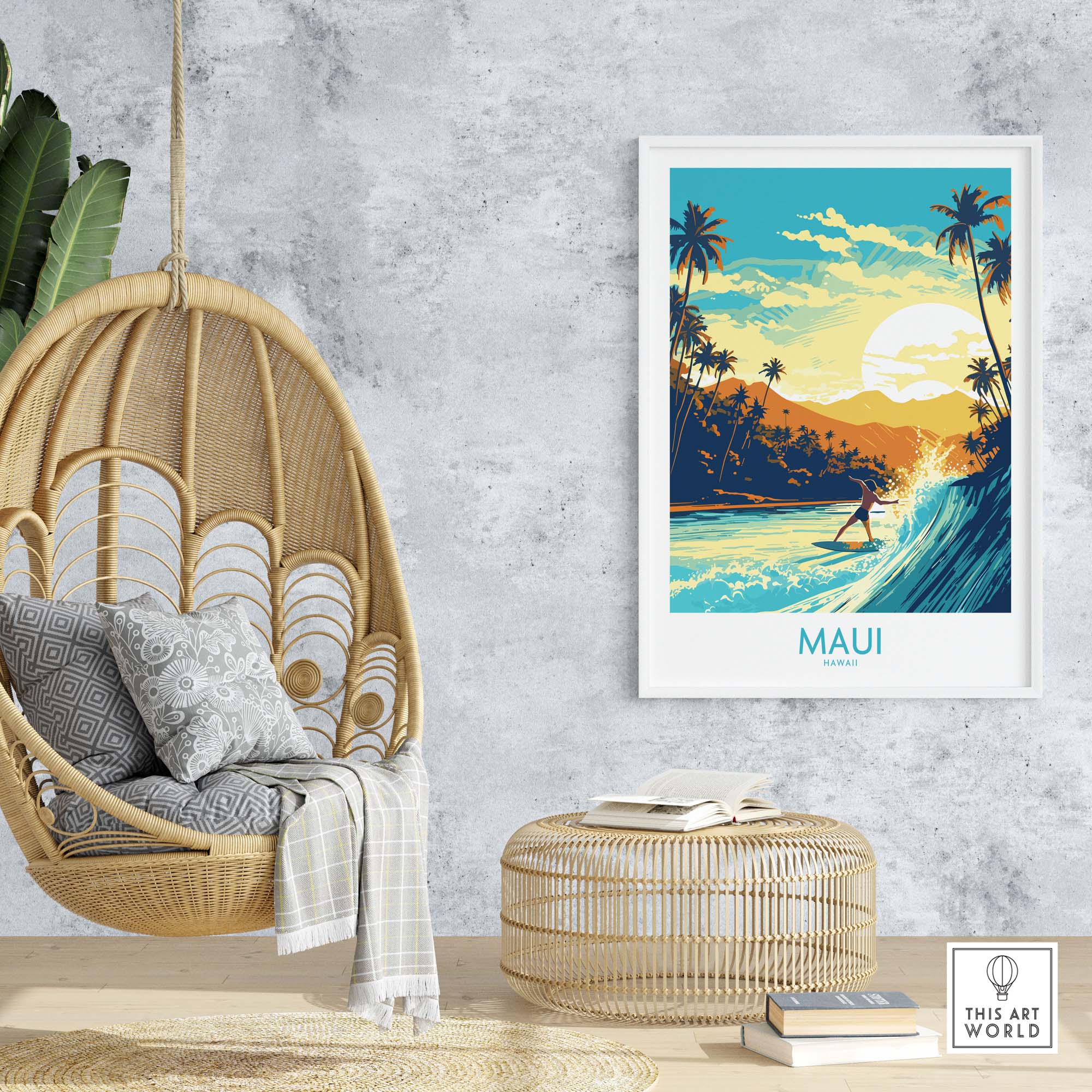 Maui Hawaii surf poster depicting a surfer riding waves against a tropical background, enhancing any home decor with vibrant colors.