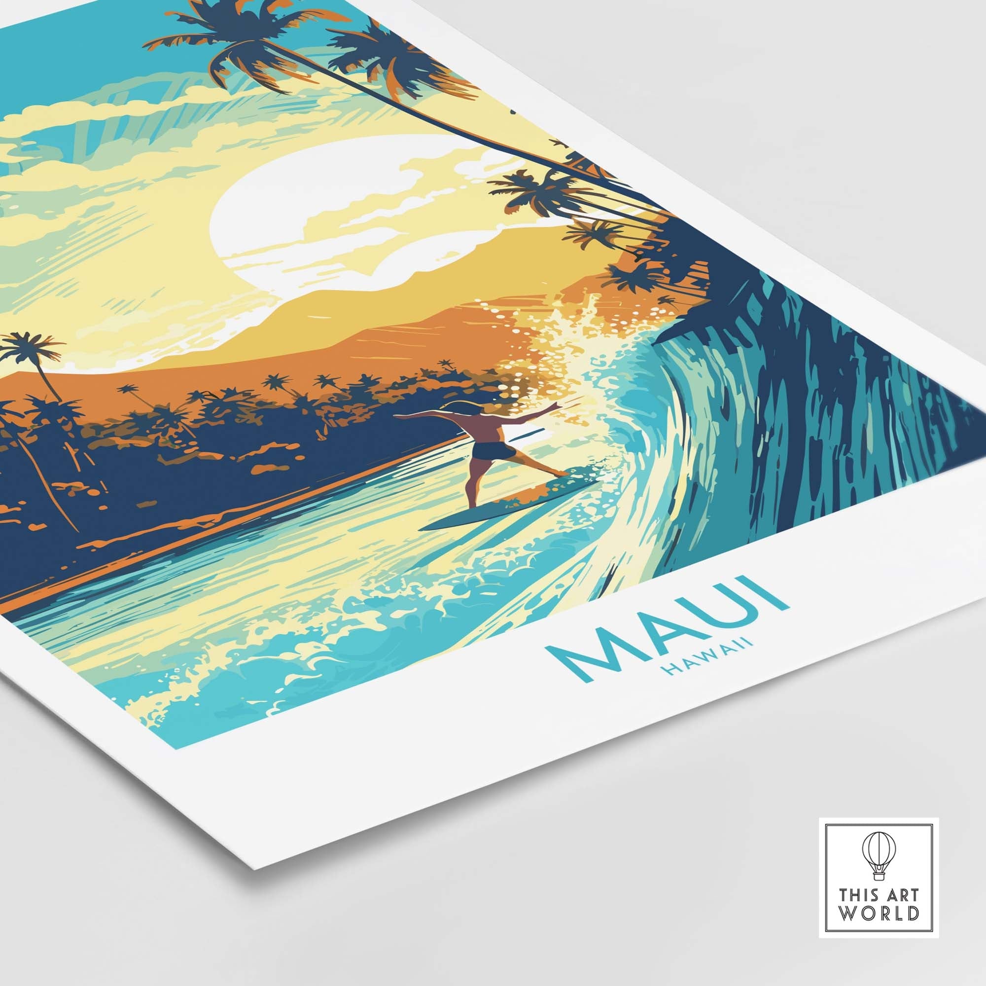 Maui Hawaii surf poster showcasing a surfer riding a wave against a vibrant tropical backdrop, perfect for beach lovers.