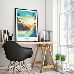 Maui Hawaii surf poster displayed in a modern workspace, featuring a surfer and tropical scenery for vibrant wall art.