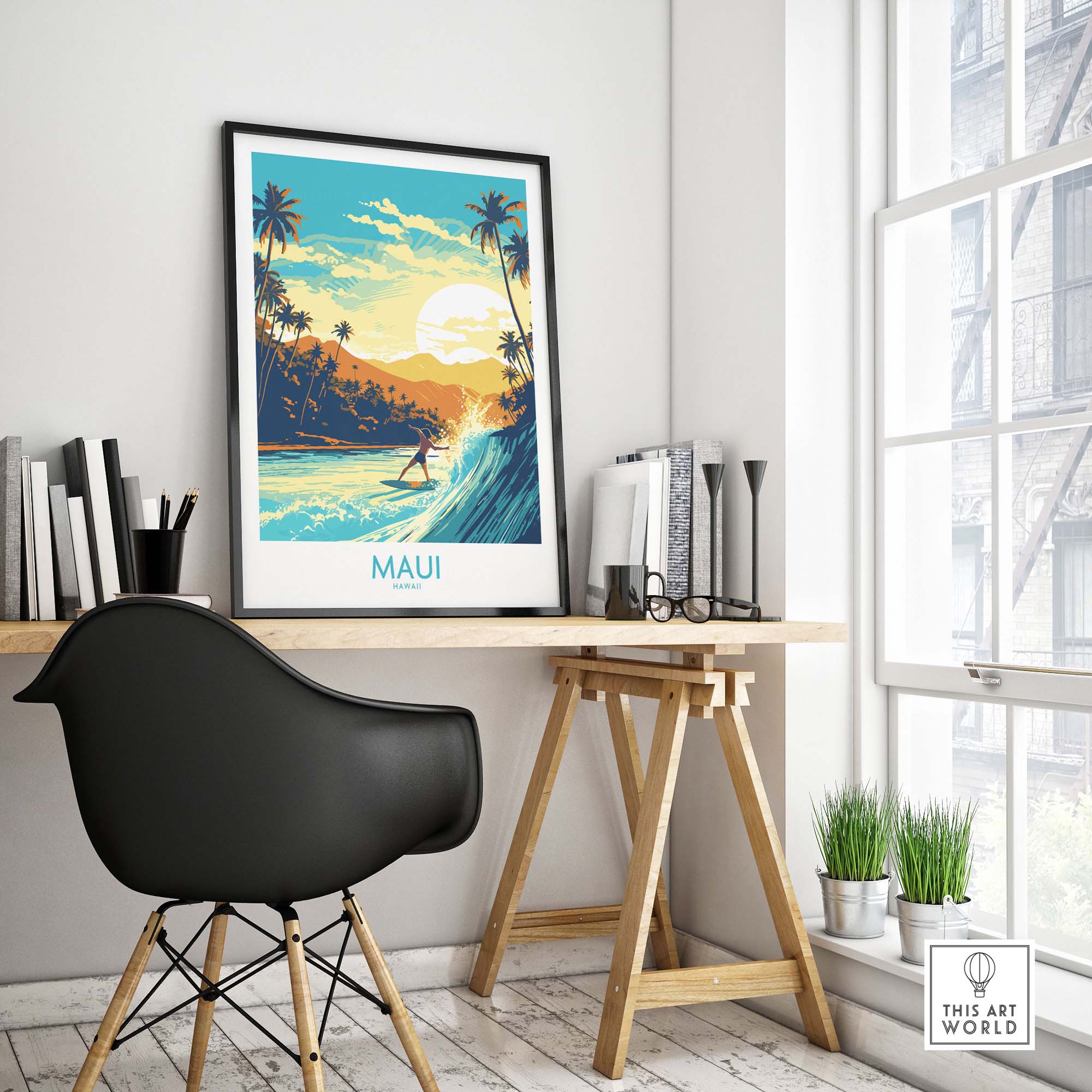Maui Hawaii surf poster displayed in a modern workspace, featuring a surfer and tropical scenery for vibrant wall art.
