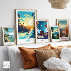 Maui Hawaii surf poster alongside other travel-themed artworks, adding a vibrant touch to home decor.