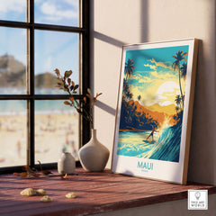 Maui Hawaii surf poster featuring a surfer on a wave, tropical scenery, and sunset, perfect for coastal home decor.