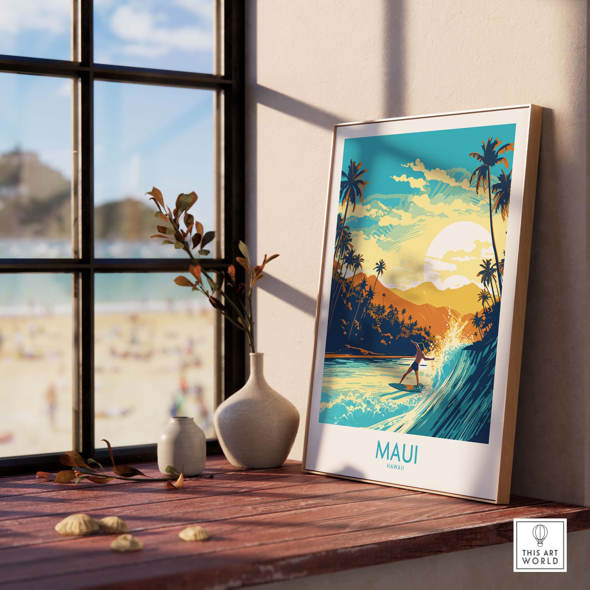 Maui Hawaii surf poster featuring a surfer on a wave, tropical scenery, and sunset, perfect for coastal home decor.