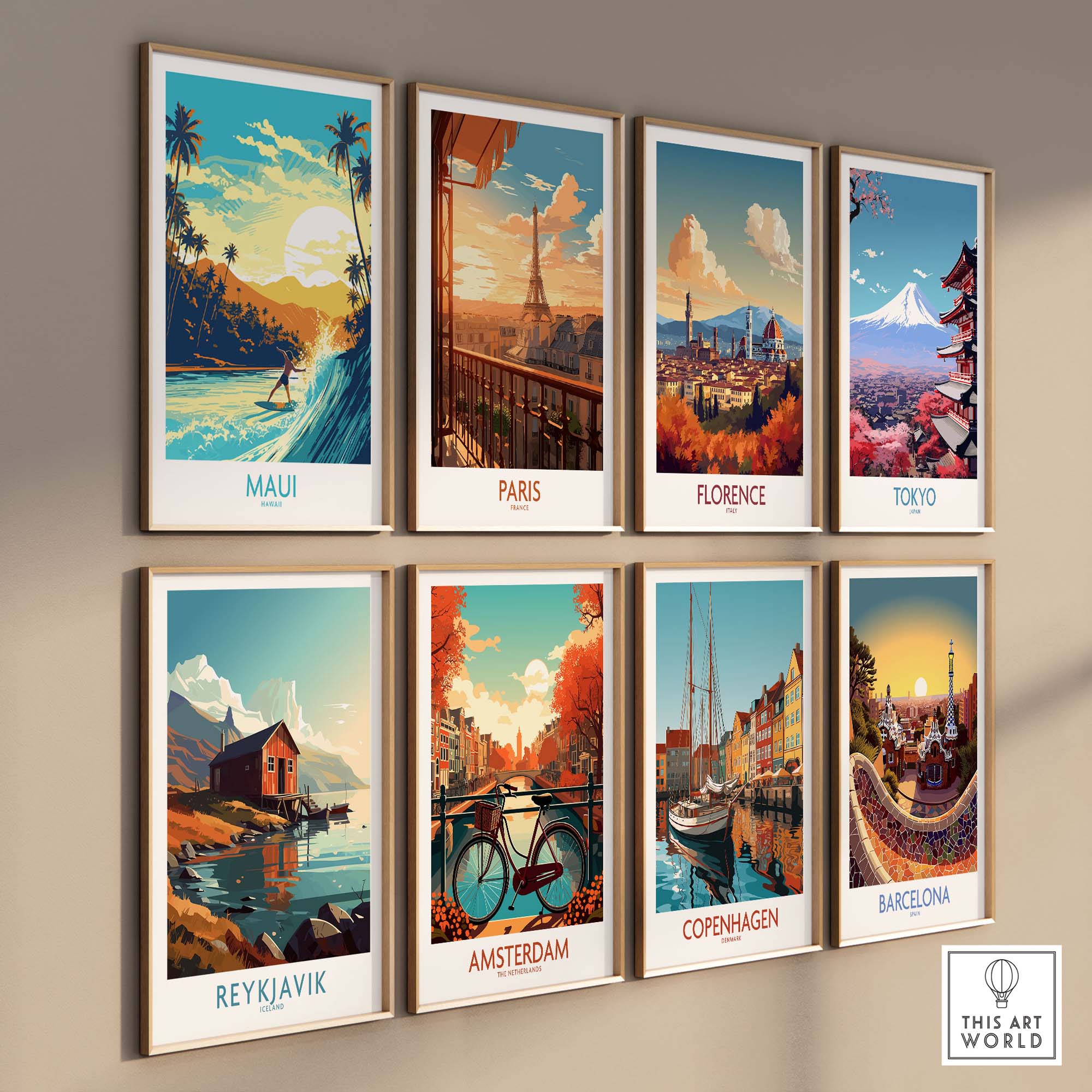 Colorful travel posters featuring Maui, Paris, Florence, Tokyo, Reykjavik, Amsterdam, Copenhagen, and Barcelona on a wall.