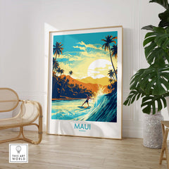 Maui Hawaii surf poster featuring a surfer riding waves with tropical scenery, perfect for home decor inspiration.