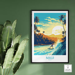 Maui Hawaii surf poster with vibrant colors, surfer catching waves, and tropical scenery, perfect wall art for beach lovers.
