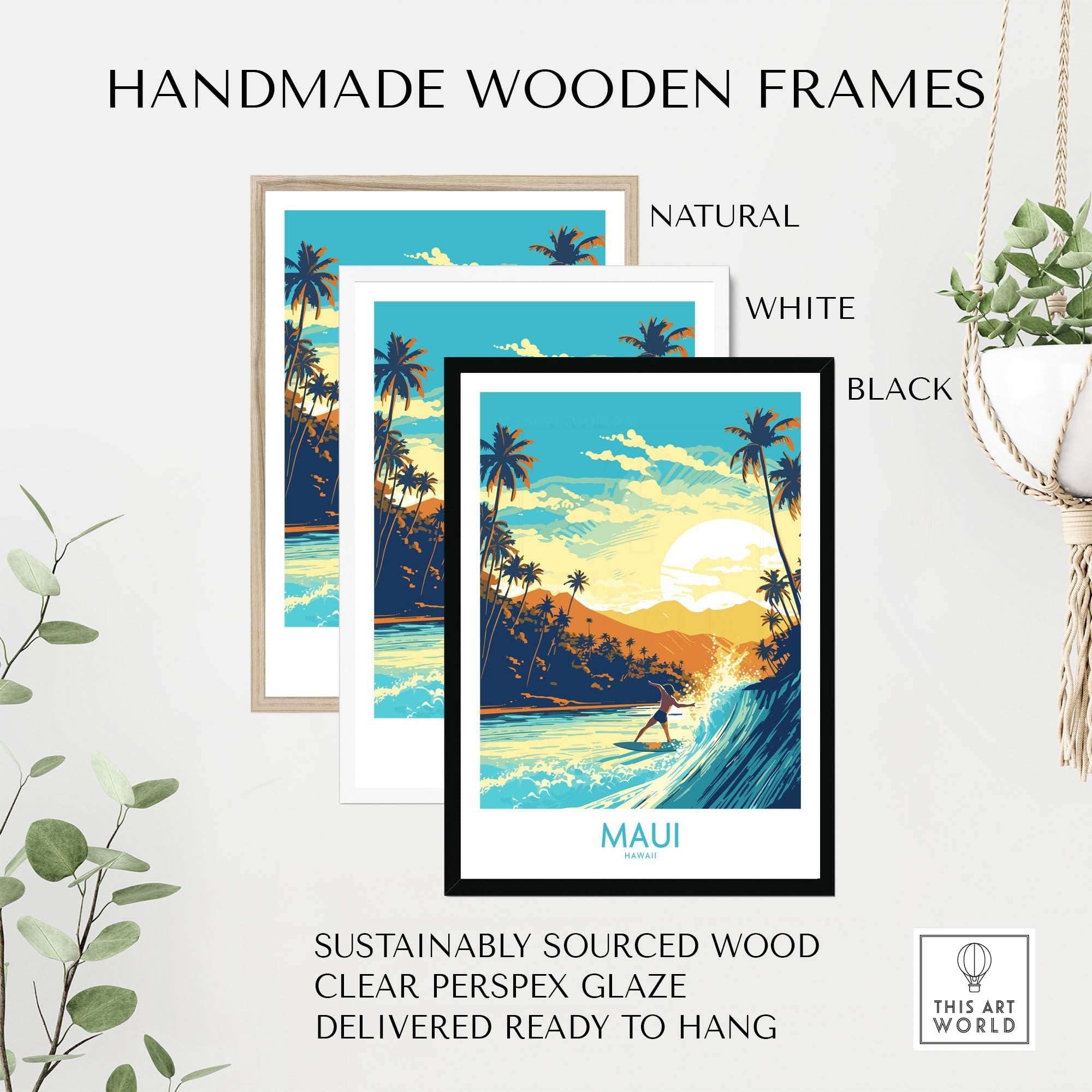 Handmade wooden frames in natural, white, and black for Maui surf poster, featuring sustainable wood and clear glaze.