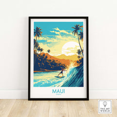 Maui Hawaii surf poster with a surfer riding a wave and tropical palm trees, perfect for beach-themed home decor.