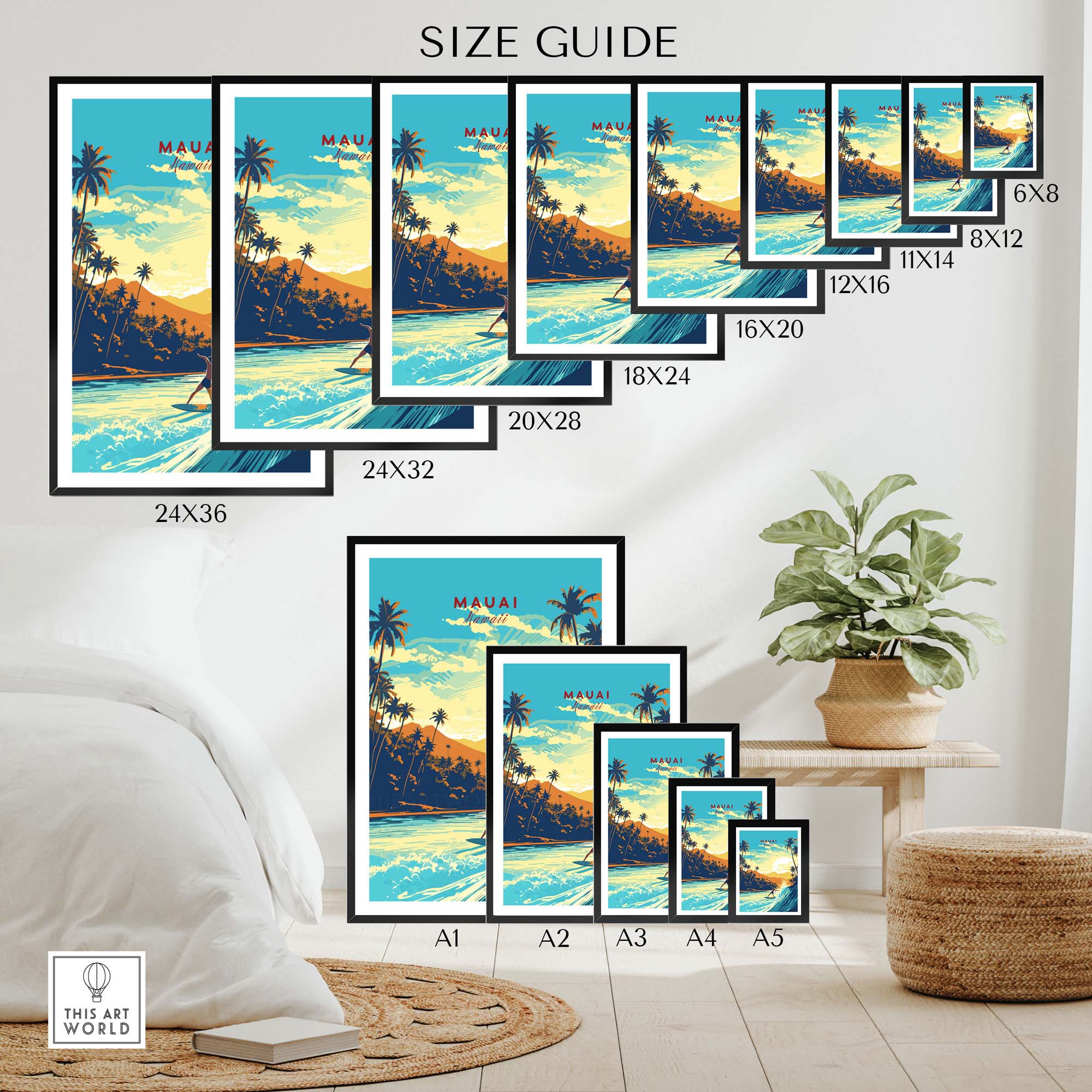 Size guide for Maui Hawaii Surf Print poster featuring dimensions and display options in a stylish living room setting.